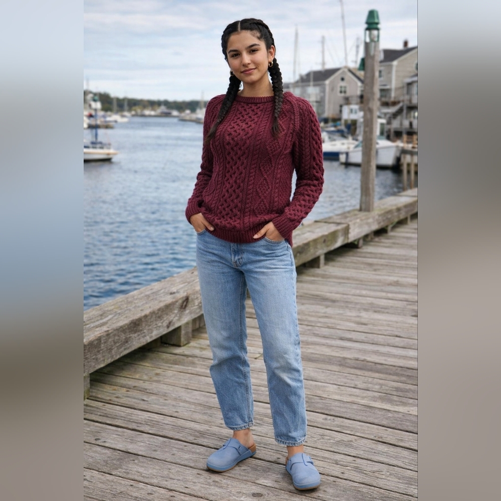 L.L. Bean Signature Cotton Fisherman Cableknit Granola Girl‎ Sweater Red Women